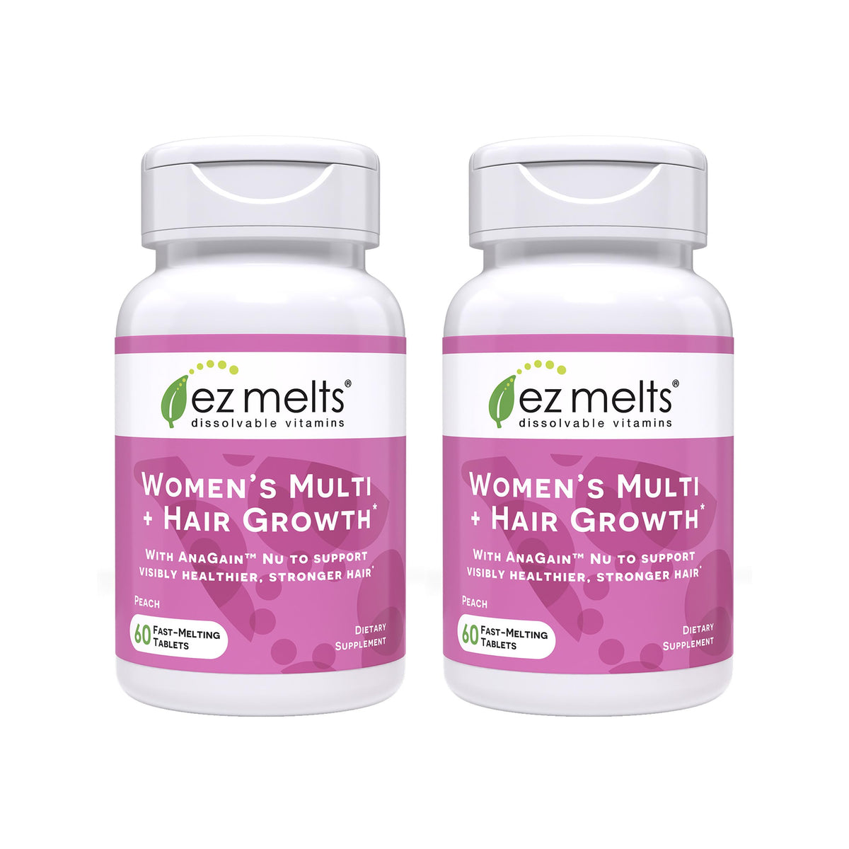 EZ Melts Womens Multi Hair Growth peach bottle with dissolvable tablets for daily energy