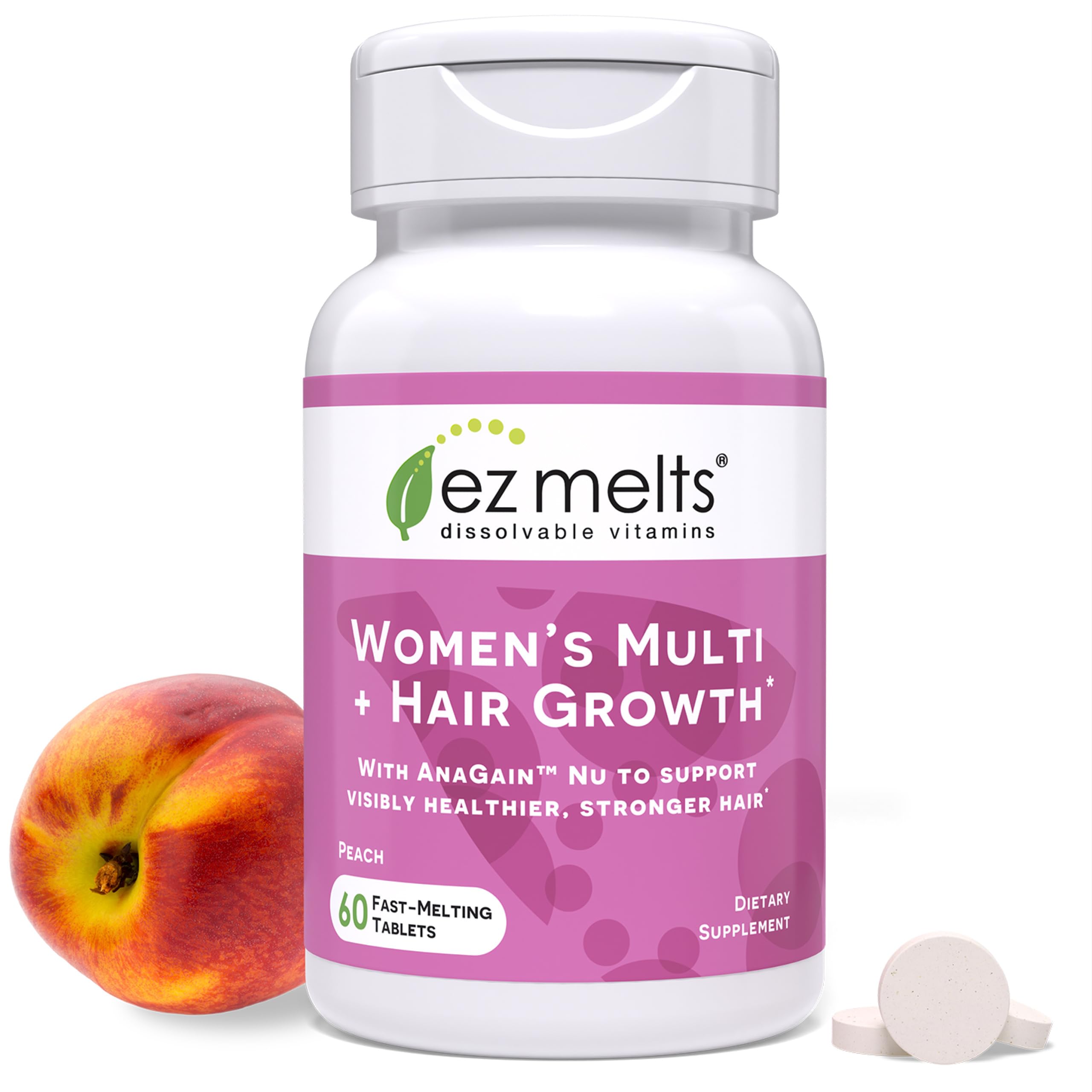 EZ Melts Women's Multi Hair Growth peach-flavored bottle for easy daily nutrition.