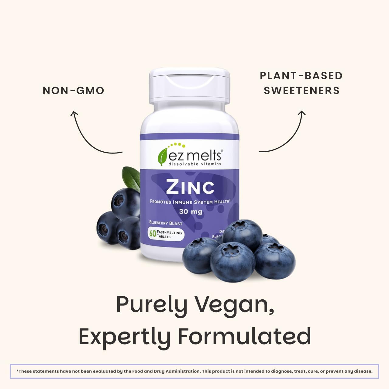 Blueberry imagery complements EZ Melts Zinc flavor and daily wellness routine