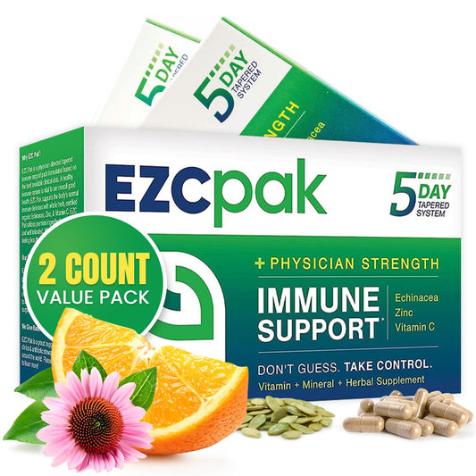 EZC Pak 5-day bottle pour illustrating easy dosage for immune support.
