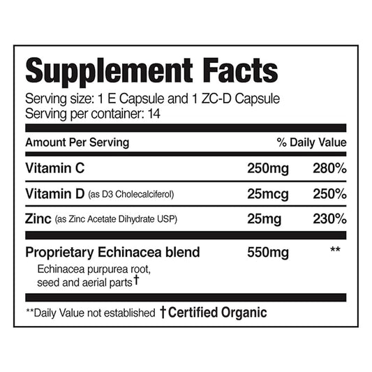 EZC Pak 5-Day immunity pack back view showing dosing guidance for travelers.