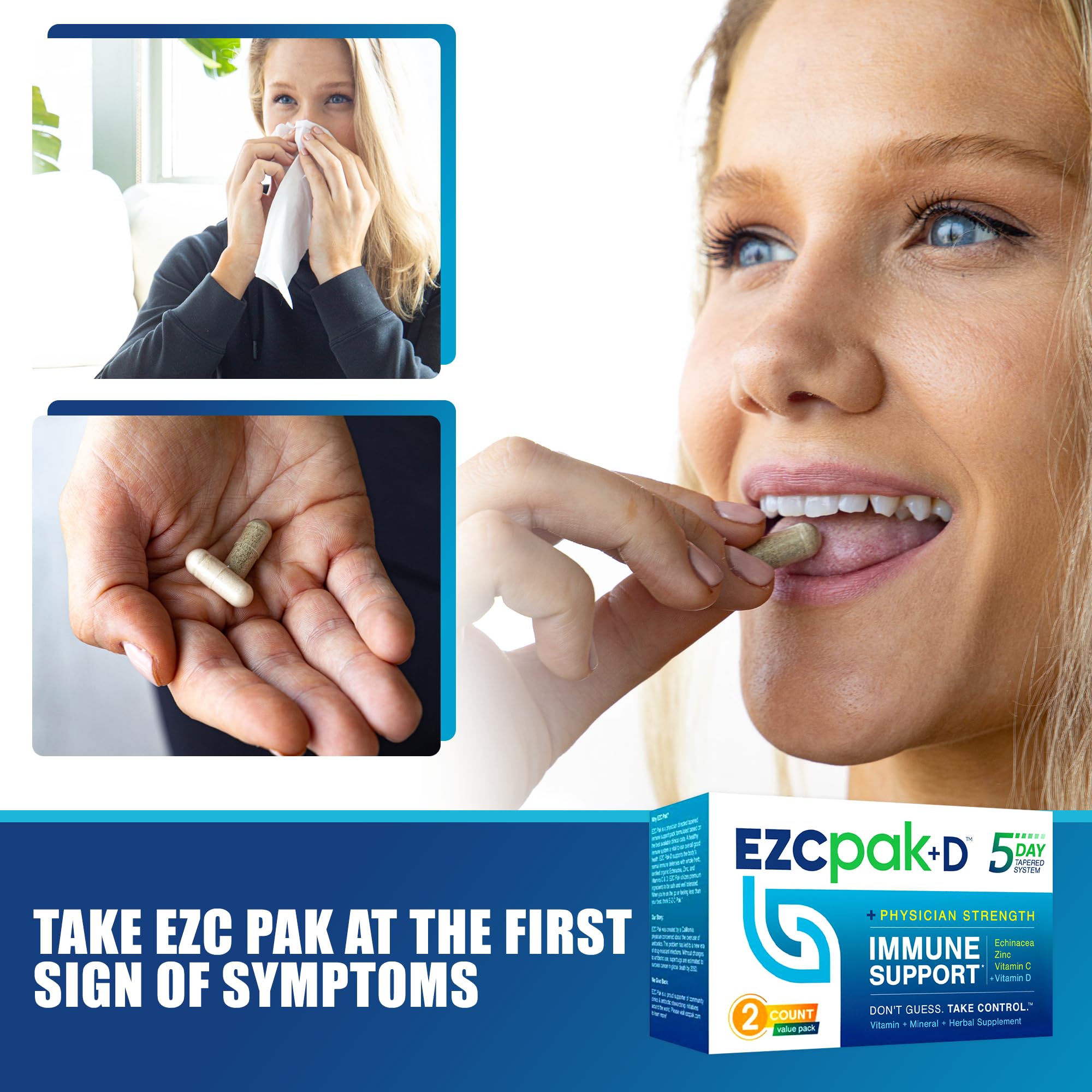 EZC Pak ingredient panel focuses on essential active ingredients for immune support.