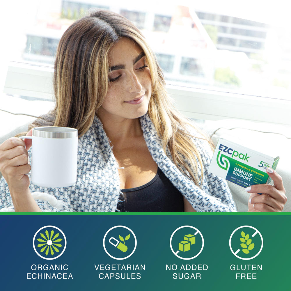 EZC Pak packaging and dose guidance on a kitchen counter.