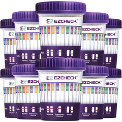 EZCHECK 14-panel urine test cup front view for quick at-home screening.
