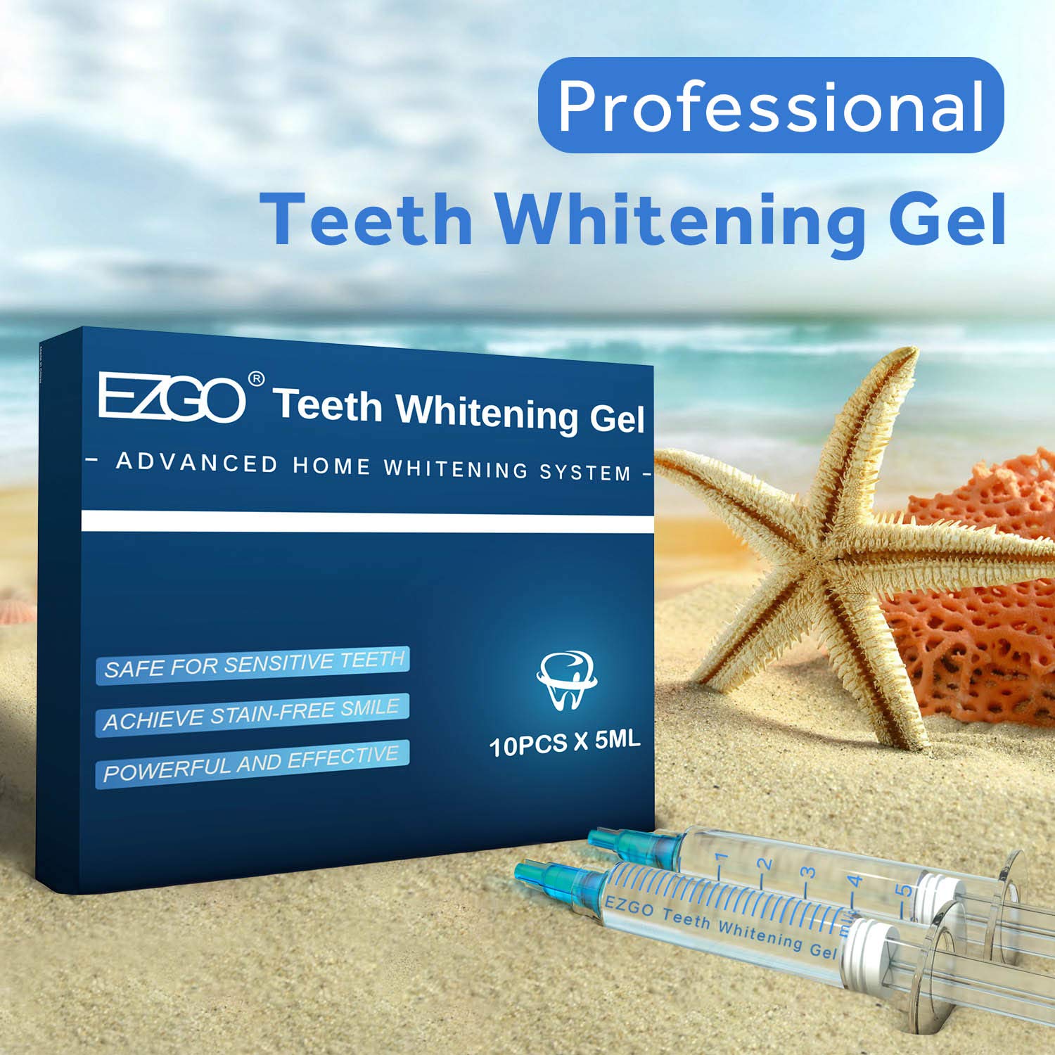 EZGO professional-grade whitening gel designed for convenient at-home use.