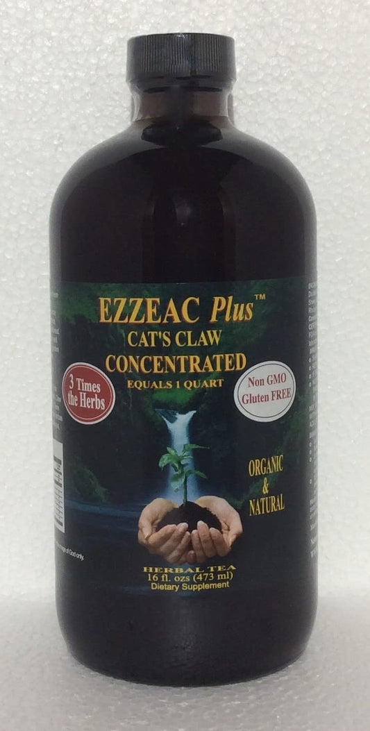 Ezzeac Plus Cat's Claw tea in amber glass bottle preserves potency and freshness.