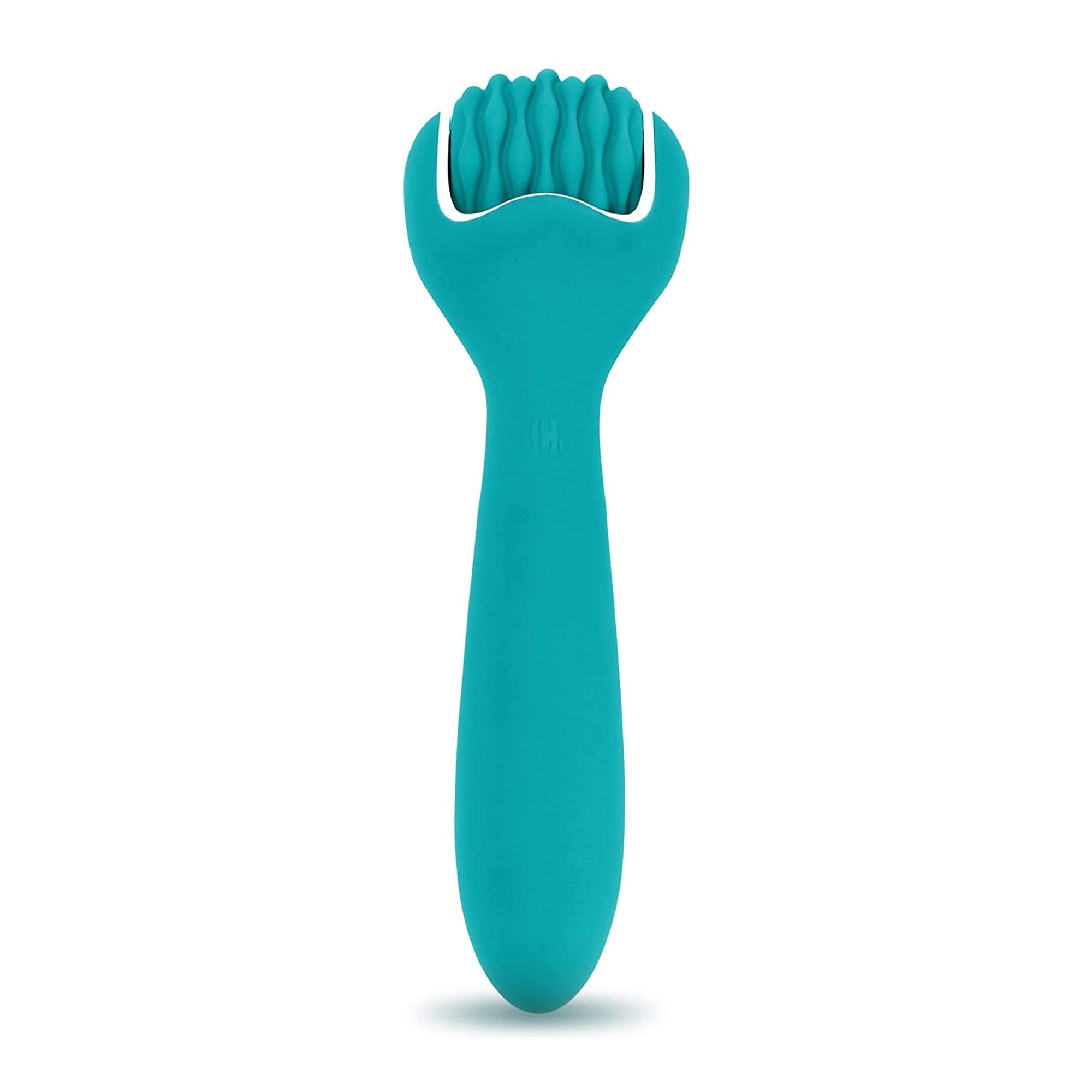 F Fascia Needling Institute teal silicone ice head massage roller for soothing head and neck relief.