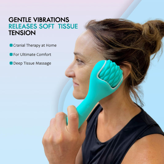 F Fascia Needling Institute teal silicone ice head massage roller with ergonomic grip for easy daily use.
