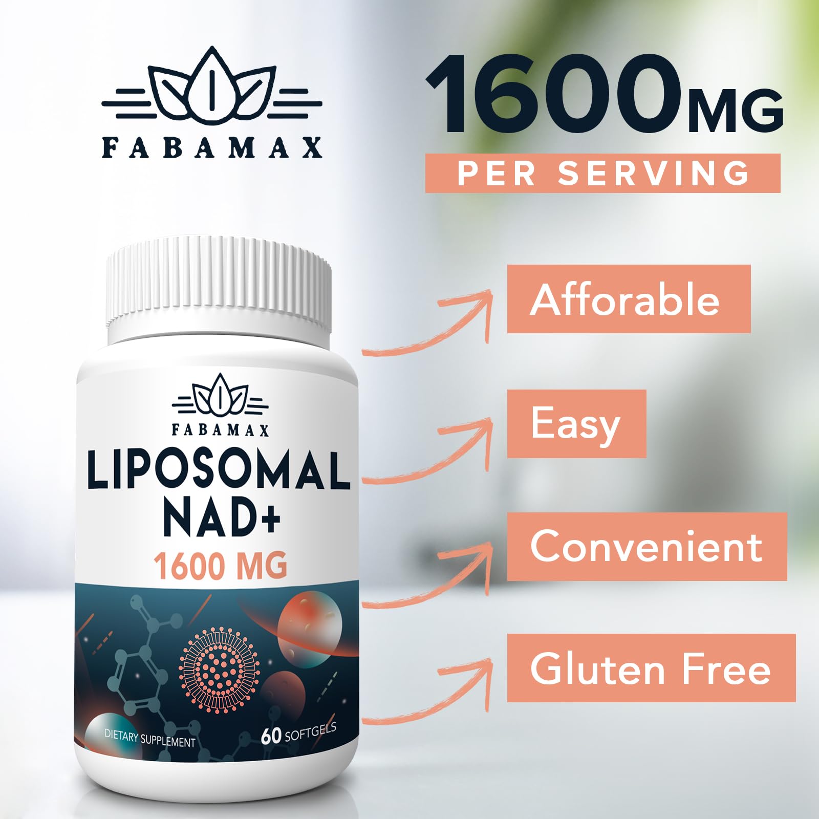 Glass of water beside Fabamax NAD+ softgels for easy ingestion.