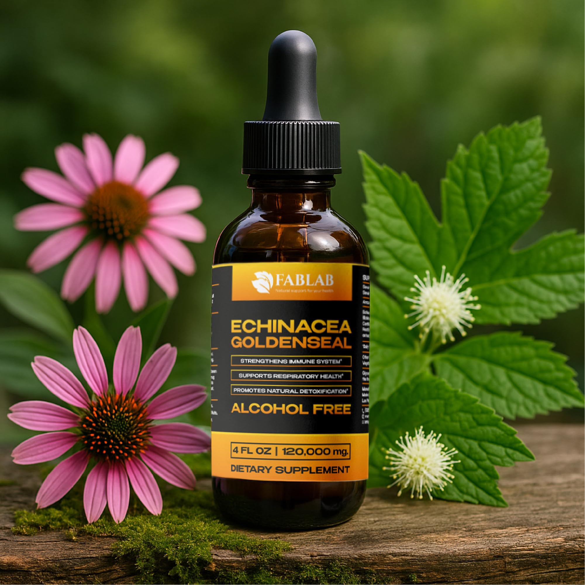 FabLab pure natural formula highlighted by herbal extract imagery.