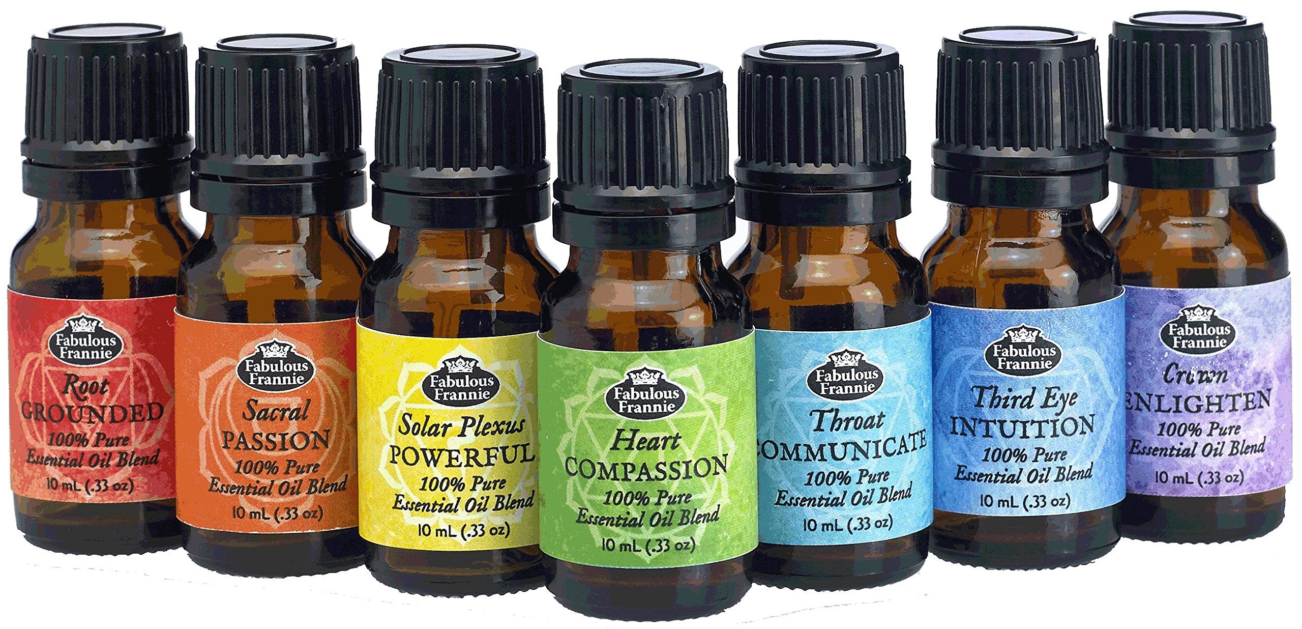 Fabulous Frannie Chakra Set seven bottles close-up demonstrates mood balance and ambient aroma.