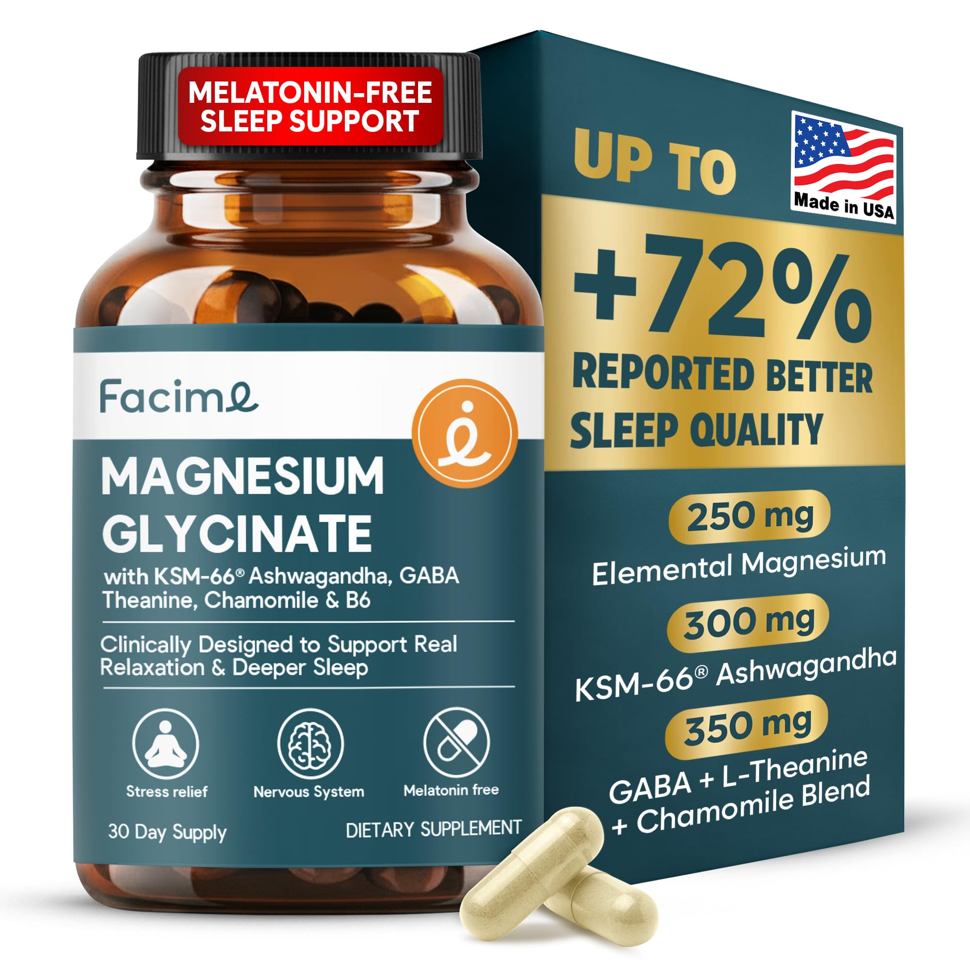 Facime magnesium glycinate sleep aid bottle promotes deep relaxation and sleep.