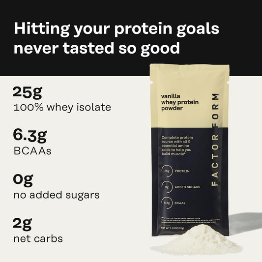FACTOR FORM Whey Protein Powder chocolate packet for a rich post-workout flavor.