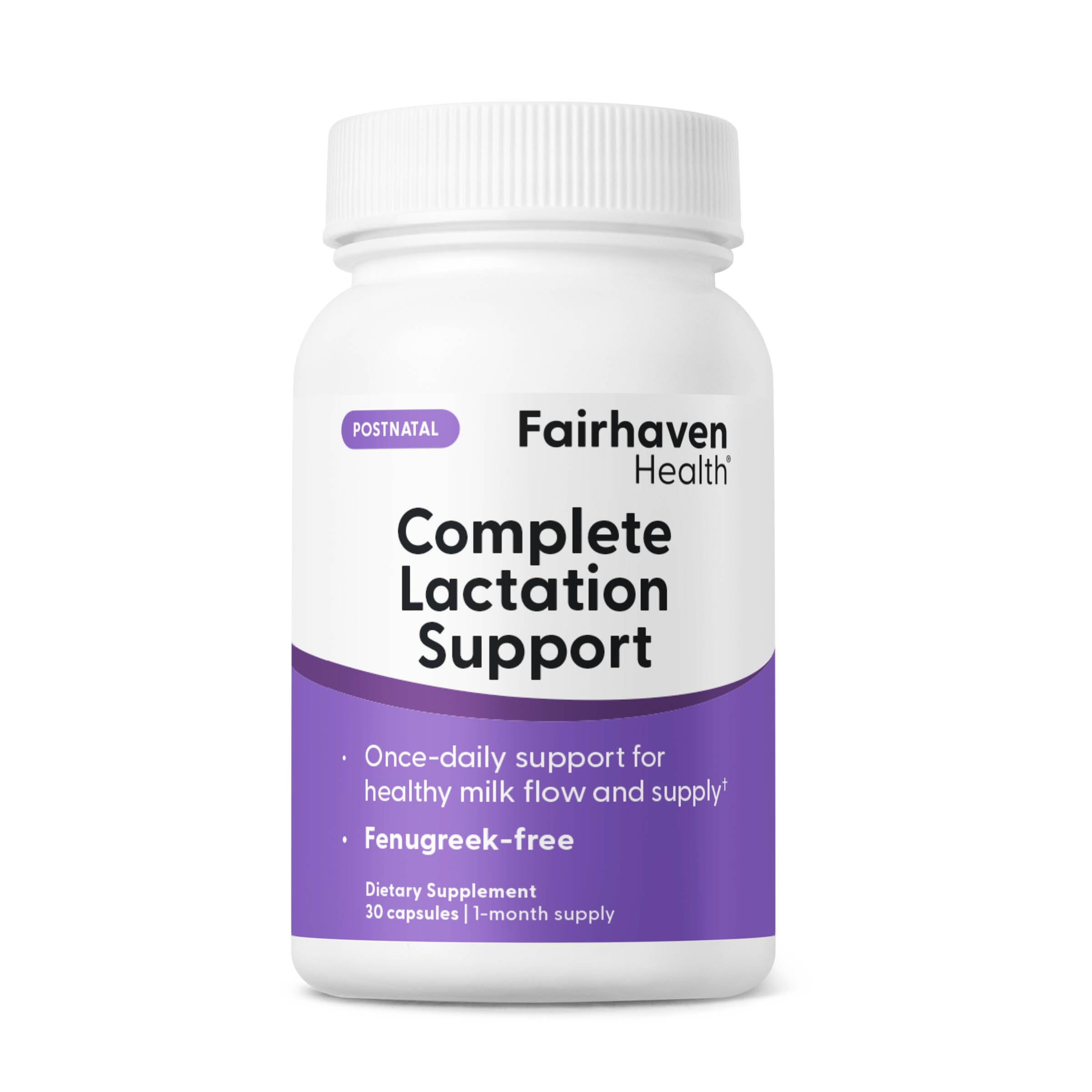 Fairhaven Health Complete Lactation Support bottle closeup for daily lactation support