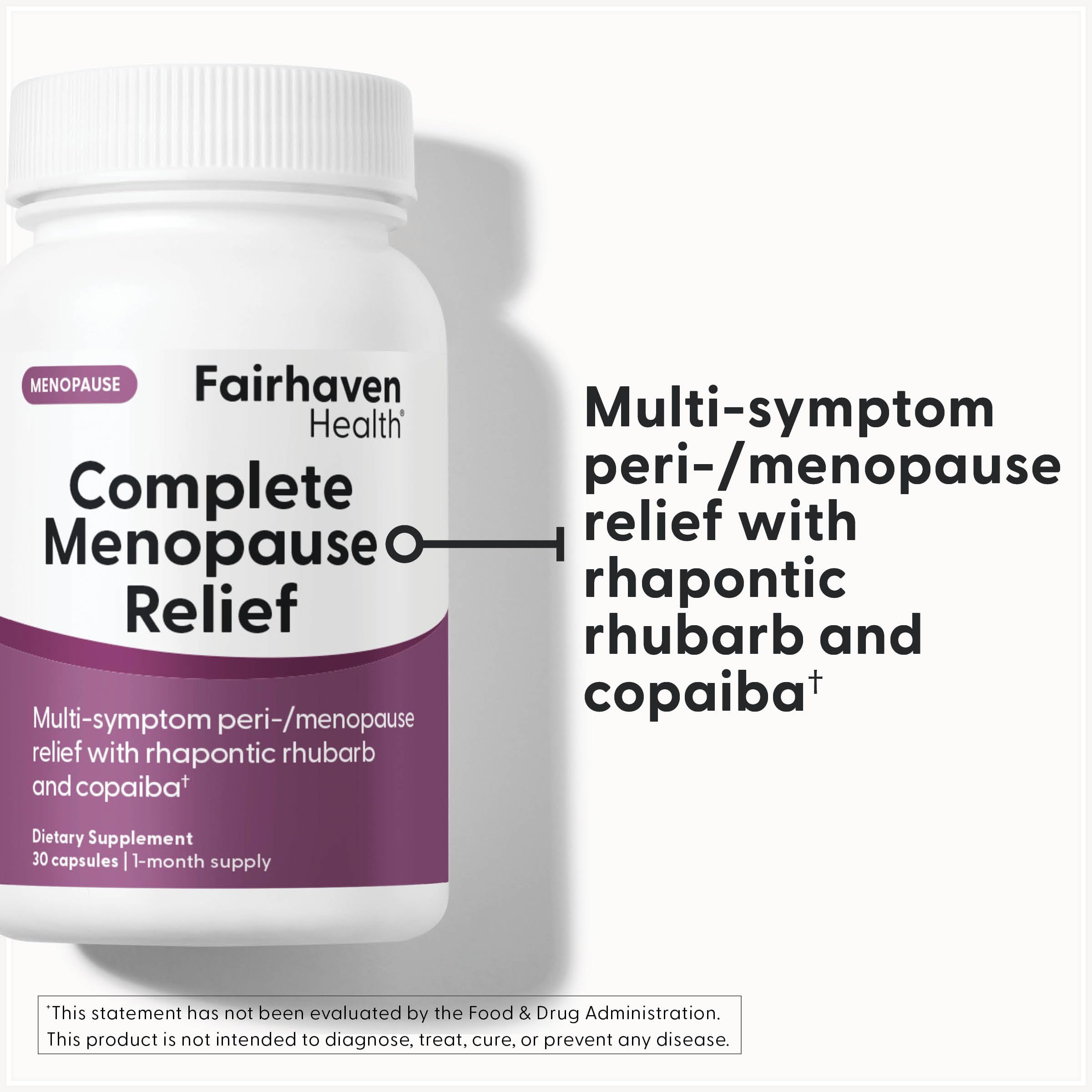 Fairhaven Health Complete Menopause Relief label highlighting vegan and allergen-free formula