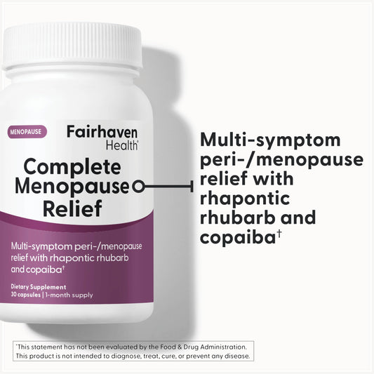 Fairhaven Health Complete Menopause Relief label highlighting vegan and allergen-free formula