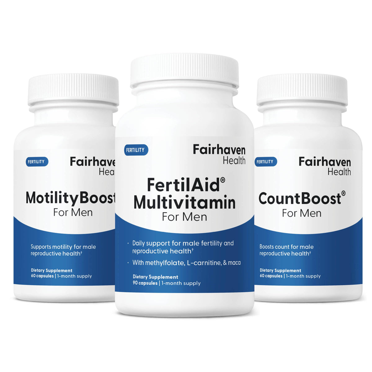 Fairhaven Health FertilAid for Men bottle with capsules, supporting male fertility health