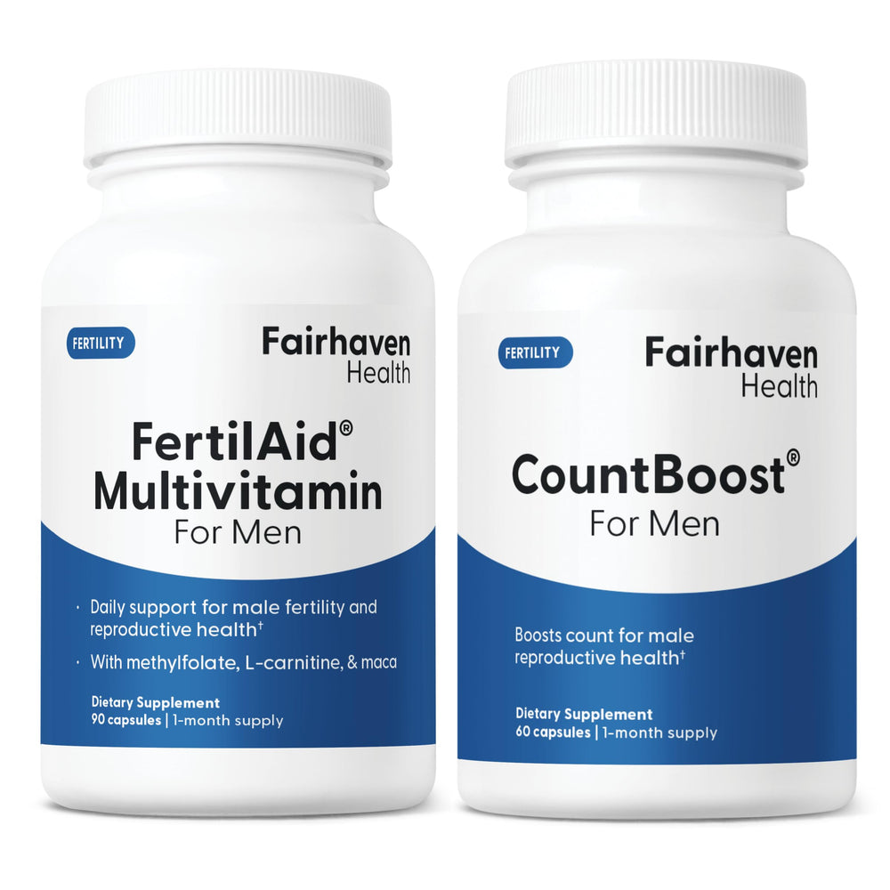Fairhaven Health FertilAid CountBoost bottle for daily male fertility support.