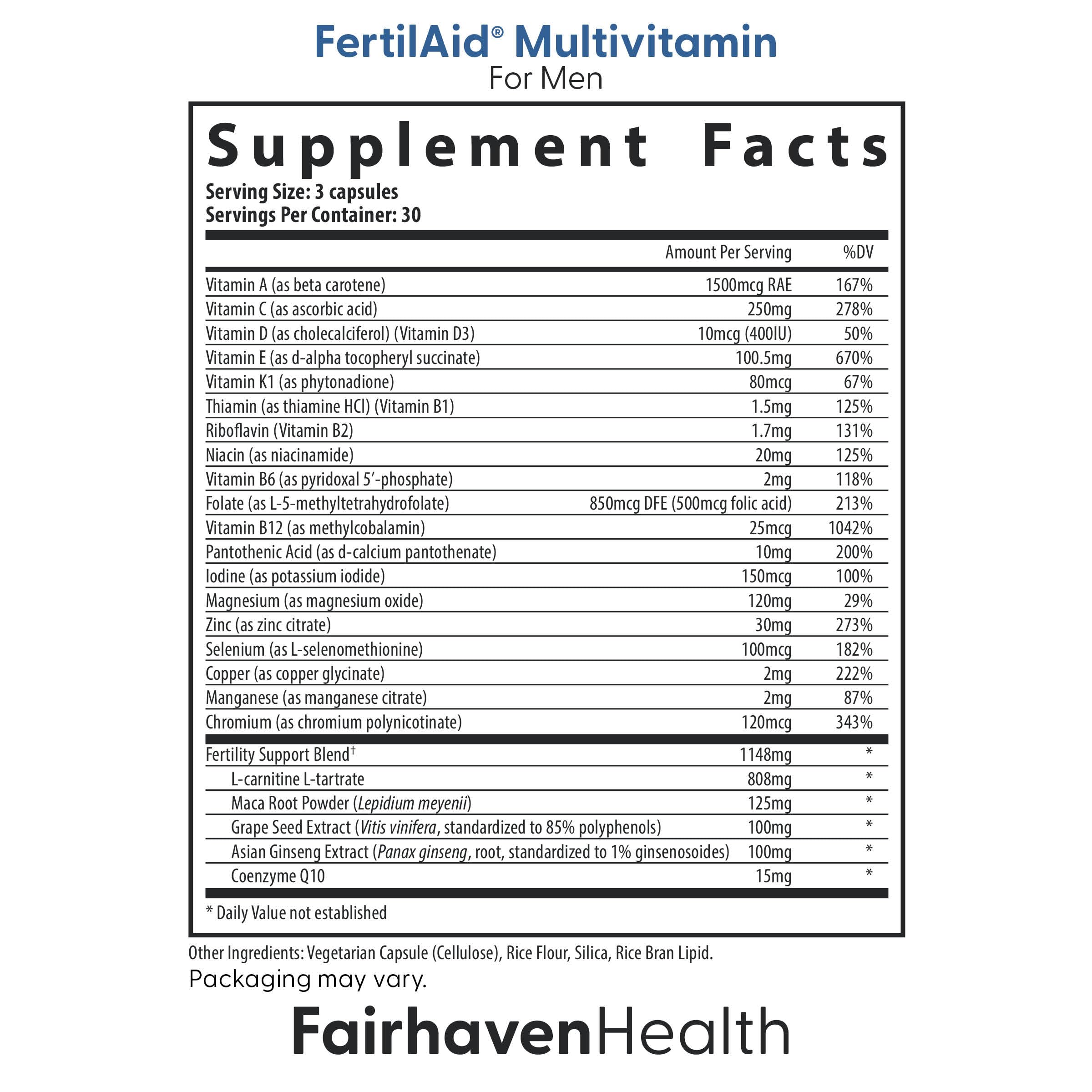 Fairhaven Health FertilAid Men label closeup highlights essential nutrients.