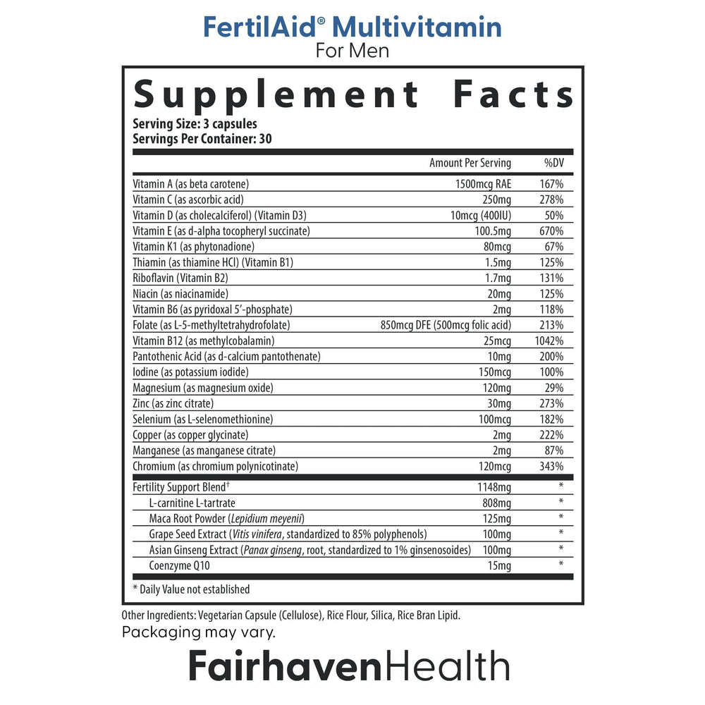 Fairhaven Health FertilAid Men label closeup highlights essential nutrients.