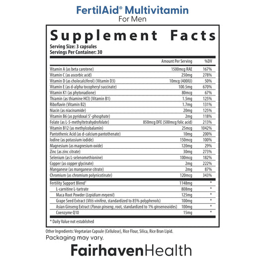 Fairhaven Health FertilAid Men label closeup highlights essential nutrients.