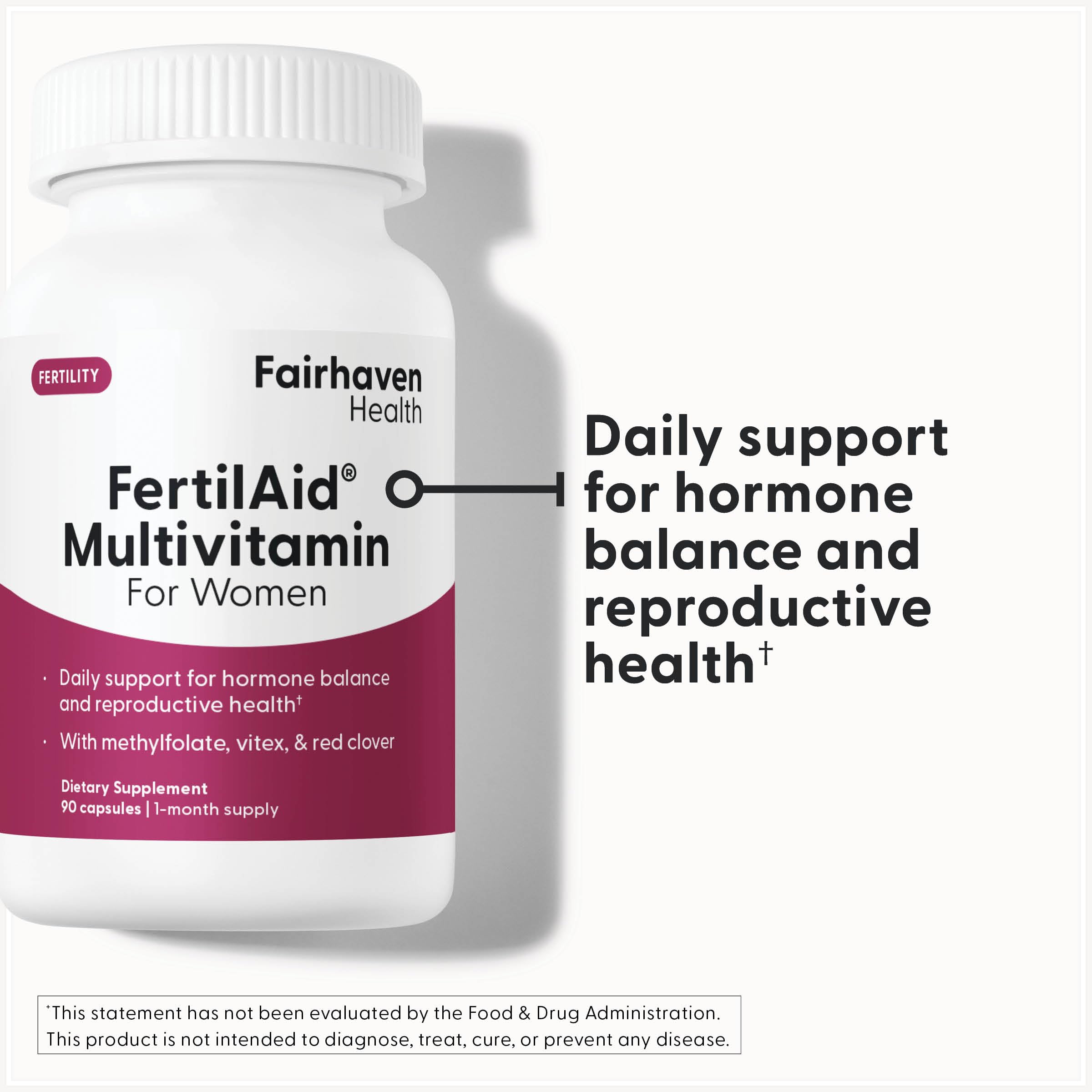 Fairhaven Health FertilAid for Women bottle back label, highlighting Vitex and folate.