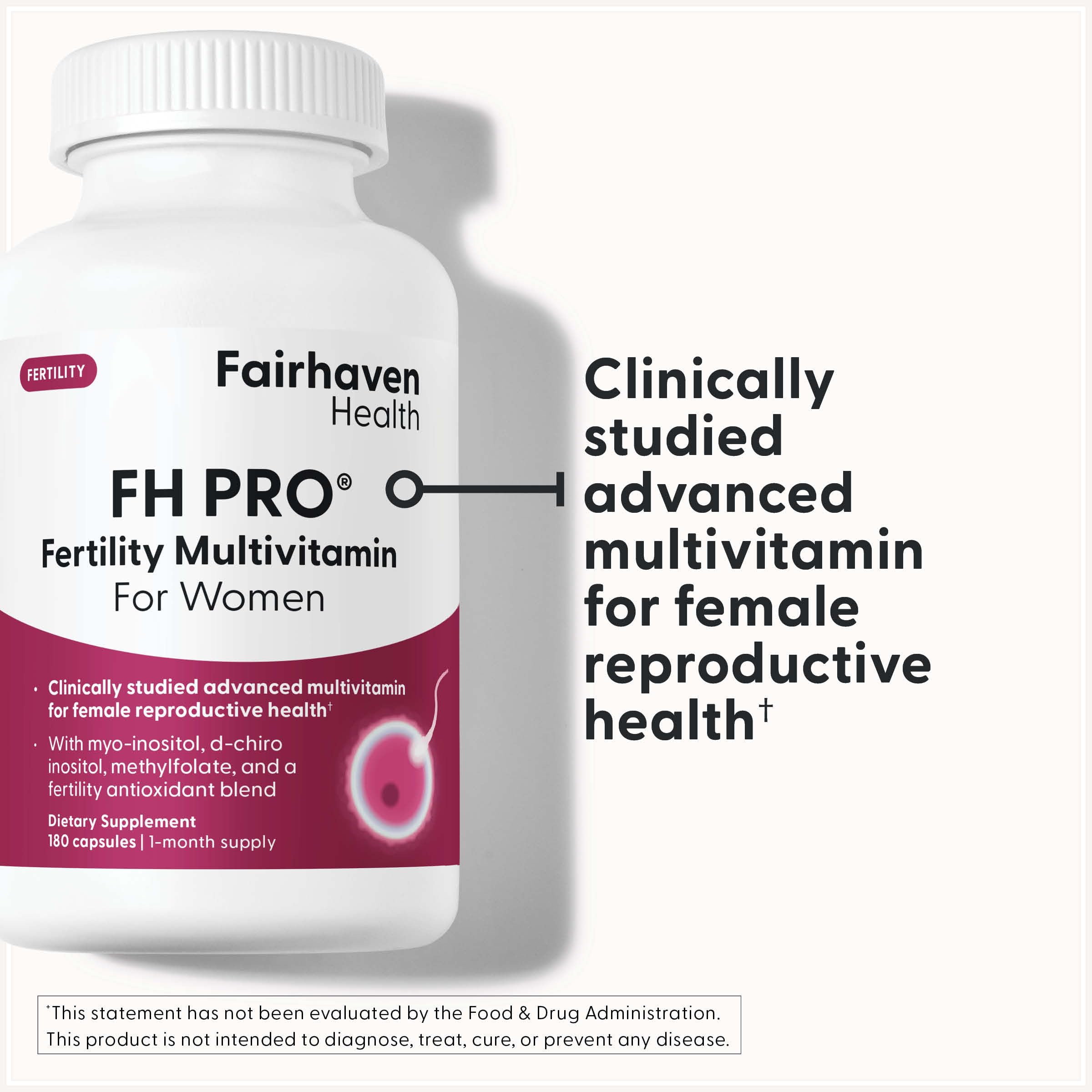 Fairhaven Health FH Pro Women bottle side shows label details and clean formula.
