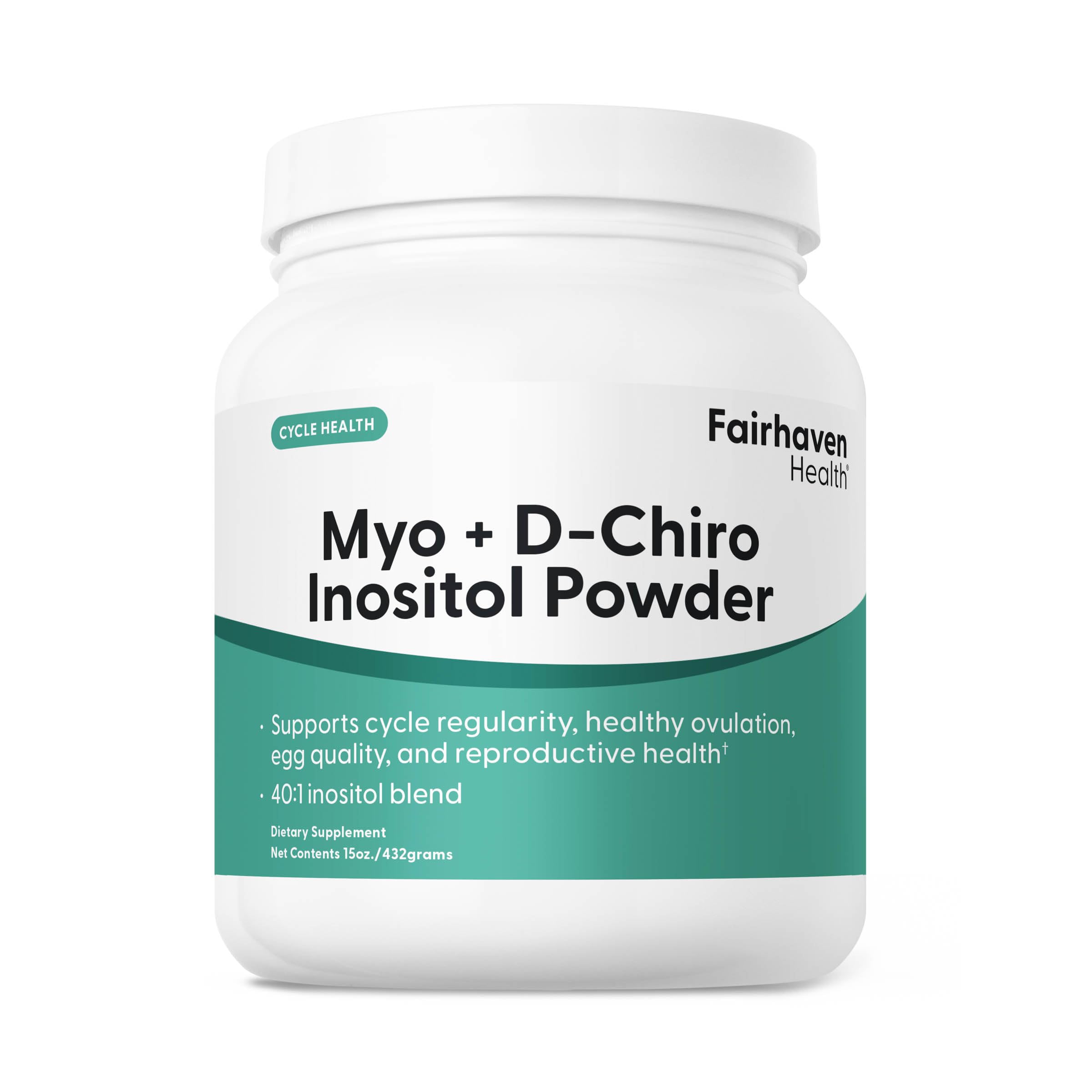 Fairhaven Health Myo-Inositol and D-Chiro Inositol bottle for daily hormonal support.