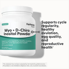 Scoop showing a measured serving of Fairhaven Health inositol powder.