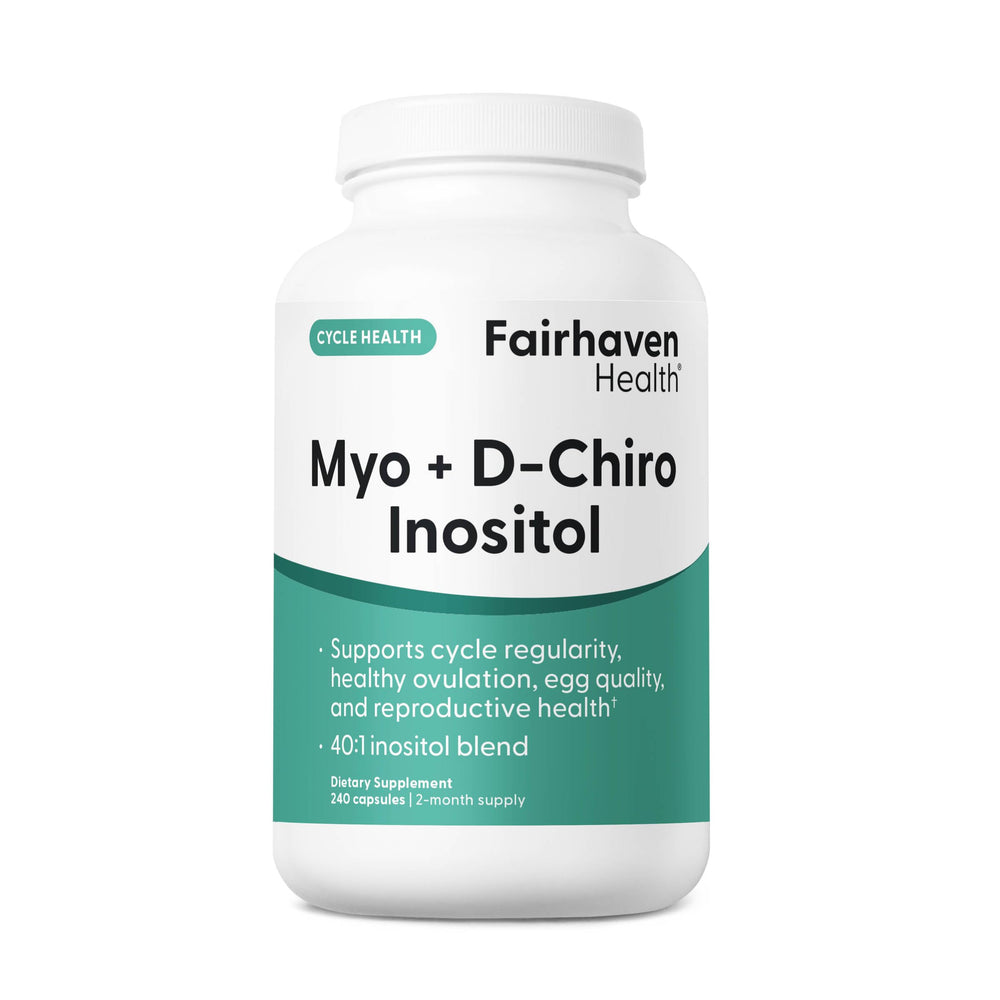 Fairhaven Health myo-inositol-dchi bottle pour supports daily balance routine.