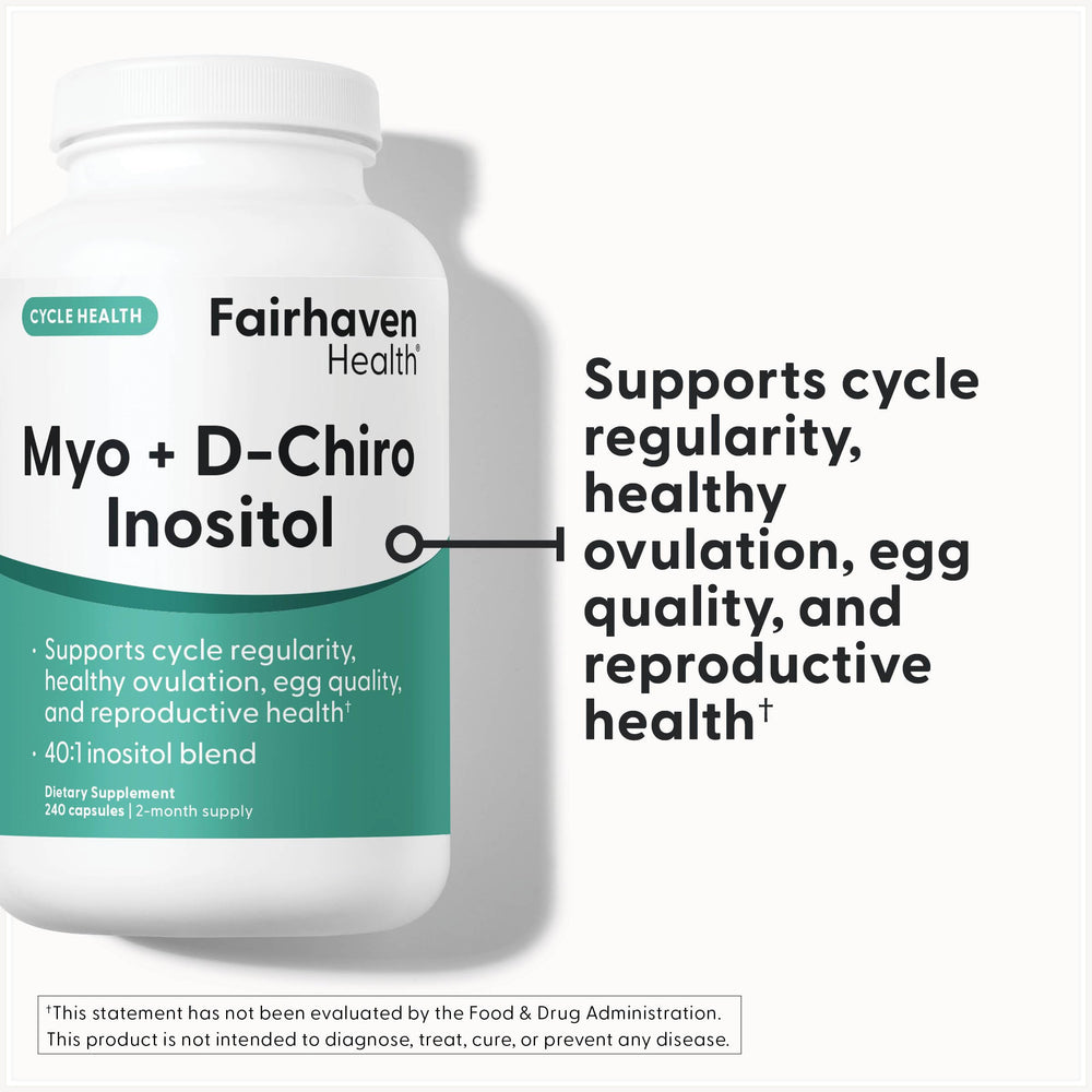 Fairhaven Health myo-inositol-dchi capsules closeup easy daily use.