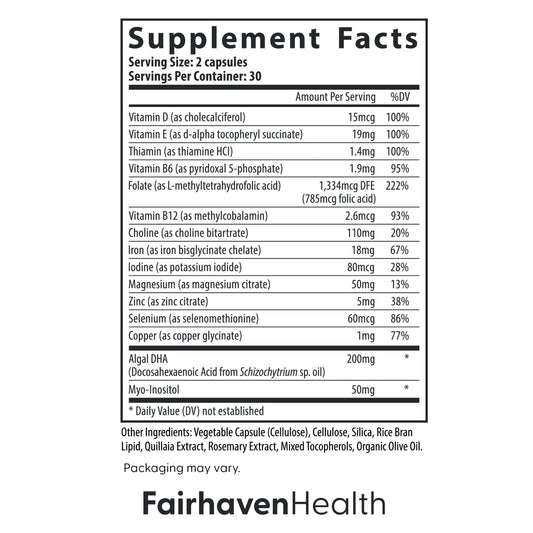 Closeup of Fairhaven Health prenatal multivitamin capsules for DHA and choline benefits