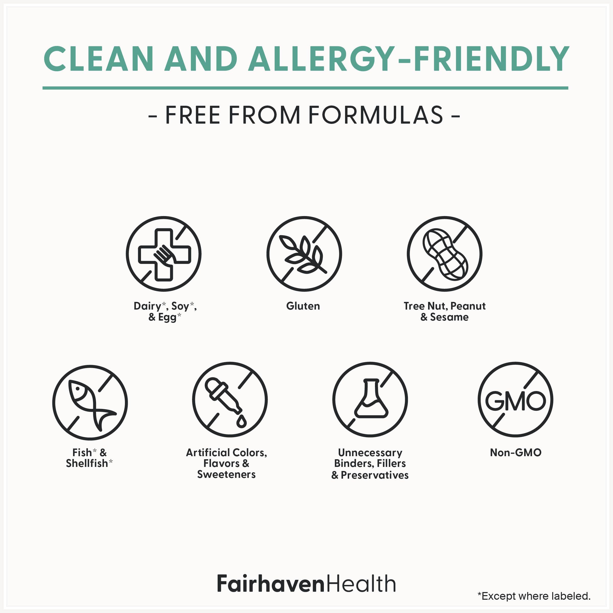 Vegan and non-GMO labels on Fairhaven Health packaging.