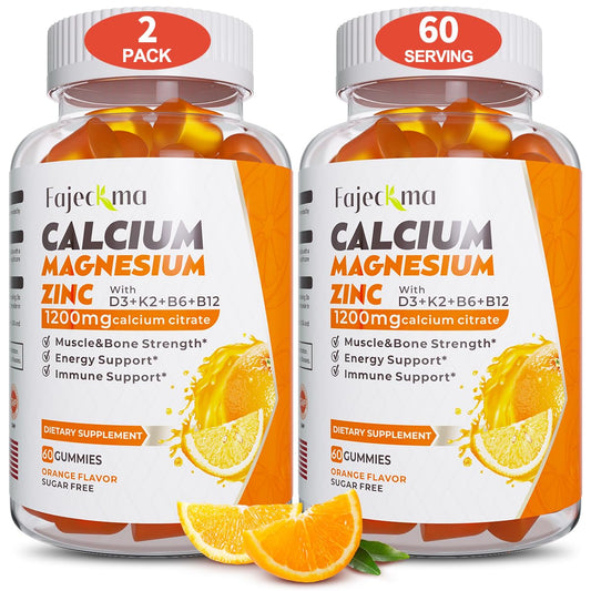Fajeckma calcium gummies bottle on countertop for bone support and daily supplementation