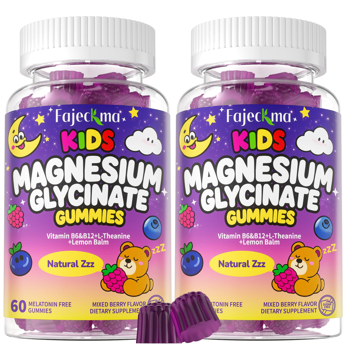 Fajeckma kids gummies bottle front view highlights kid-friendly packaging.