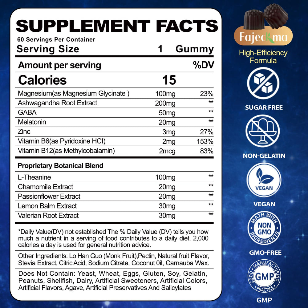 Fajeckma melatonin gummies ingredients label highlights a 12-in-1 sleep support blend.