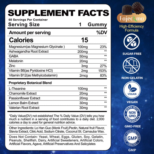 Fajeckma melatonin gummies ingredients label highlights a 12-in-1 sleep support blend.