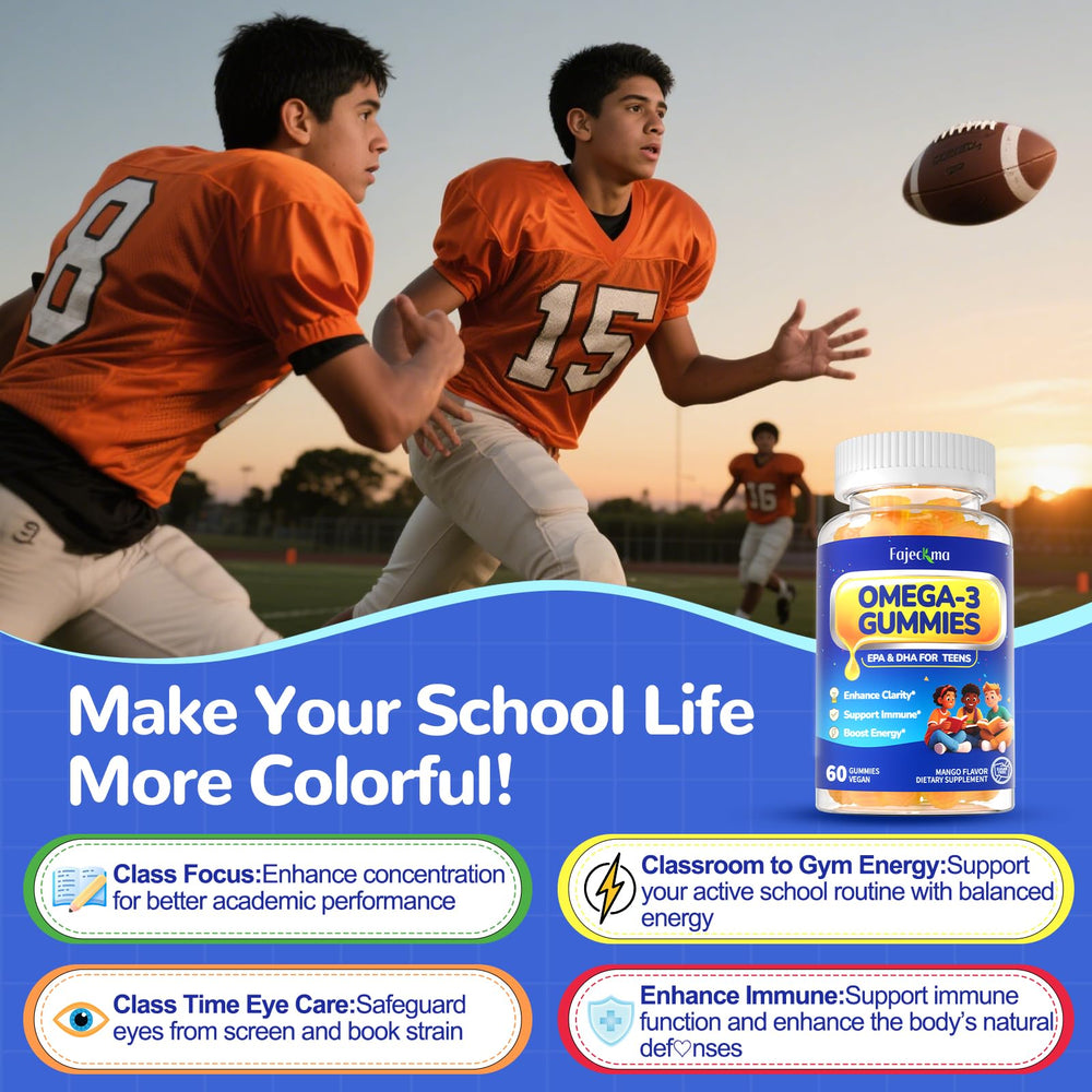 Fajeckma Omega-3 Teens DHA EPA ratio panel illustrating 1:1 balance