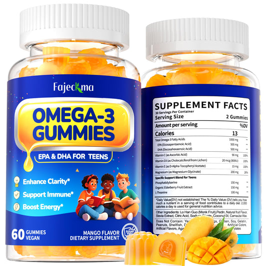 Fajeckma Omega-3 Teens gummies bottle showing vegan DHA and EPA benefits for focus