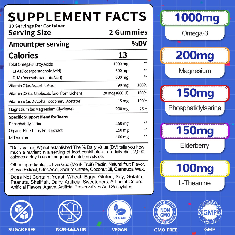Fajeckma Omega-3 Teens packaging label highlighting vitamin D3 and elderberry