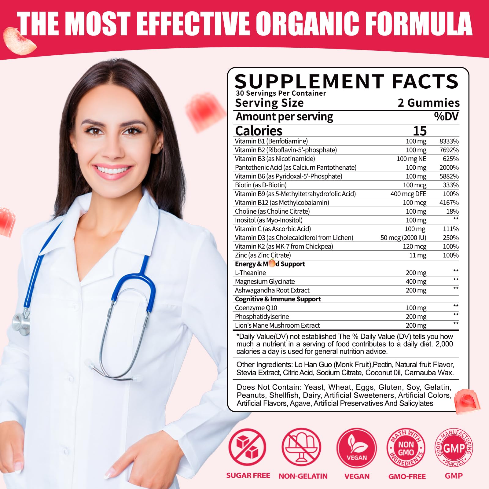 Fajeckma Vitamin B-100 Gummies peach flavor close-up for tasty daily B-complex