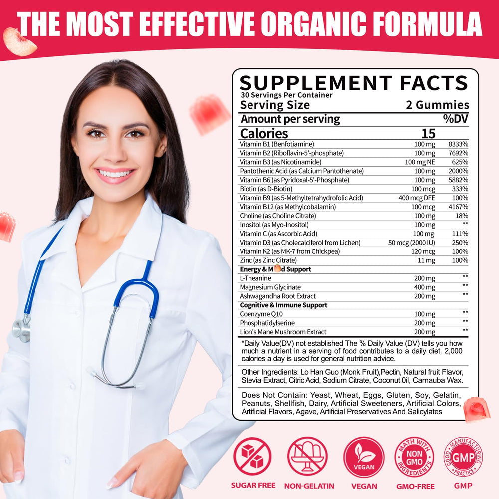 Fajeckma Vitamin B-100 Gummies peach flavor close-up for tasty daily B-complex