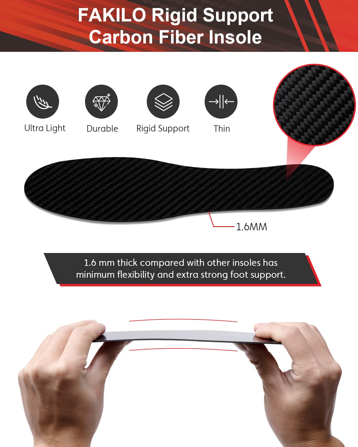 FAKILO carbon fiber insole placed inside a shoe for improved stability during daily wear.