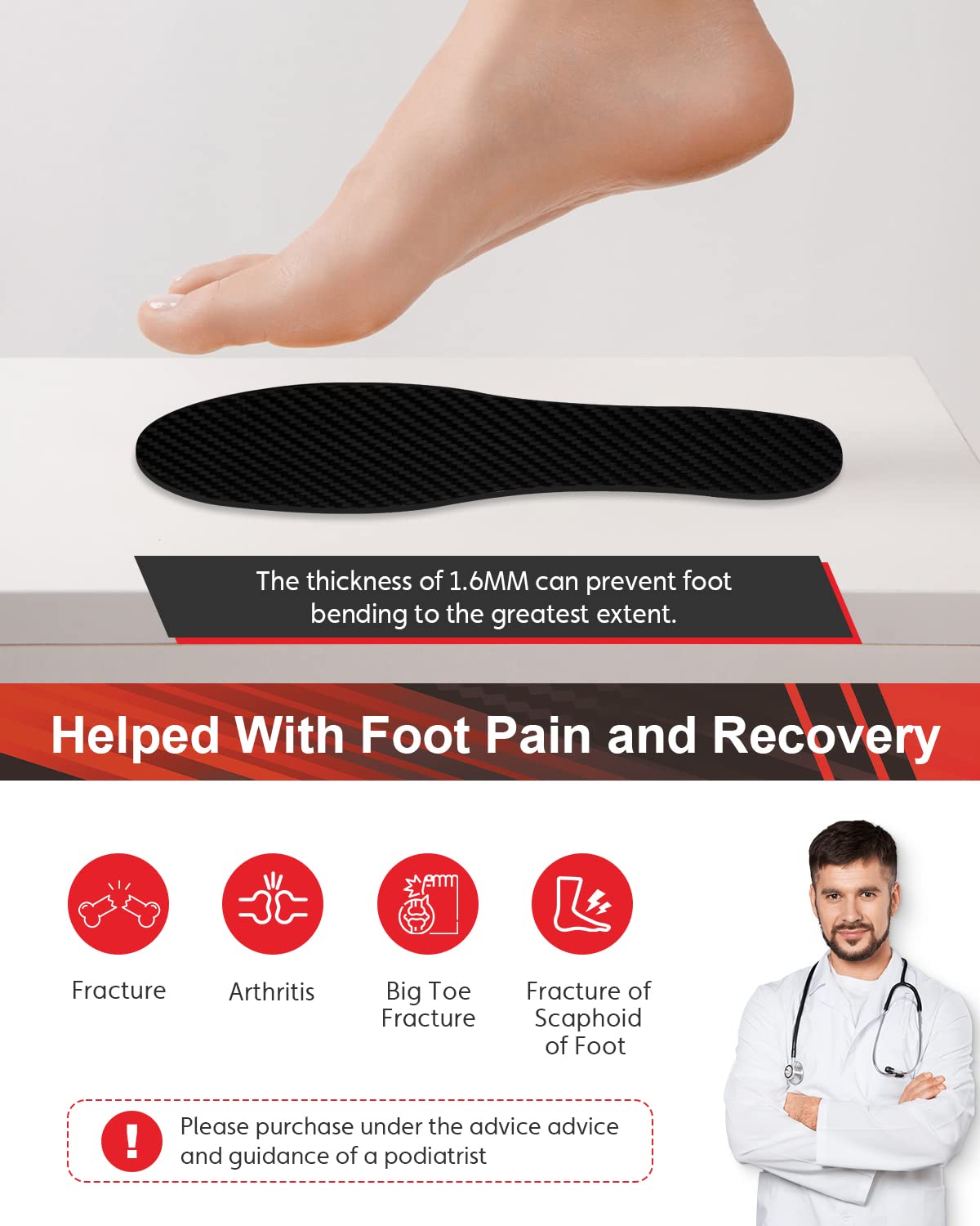 FAKILO carbon fiber insole inside shoe demonstrates extended foot stability