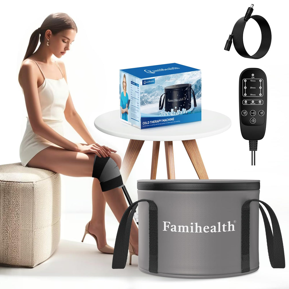 FamiHealth cold therapy machine front view shows a compact knee recovery device with steady cooling.