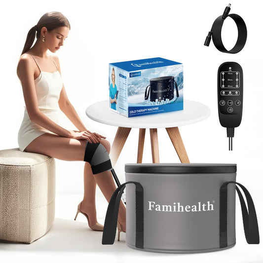 FamiHealth cold therapy machine front view shows a compact knee recovery device with steady cooling.