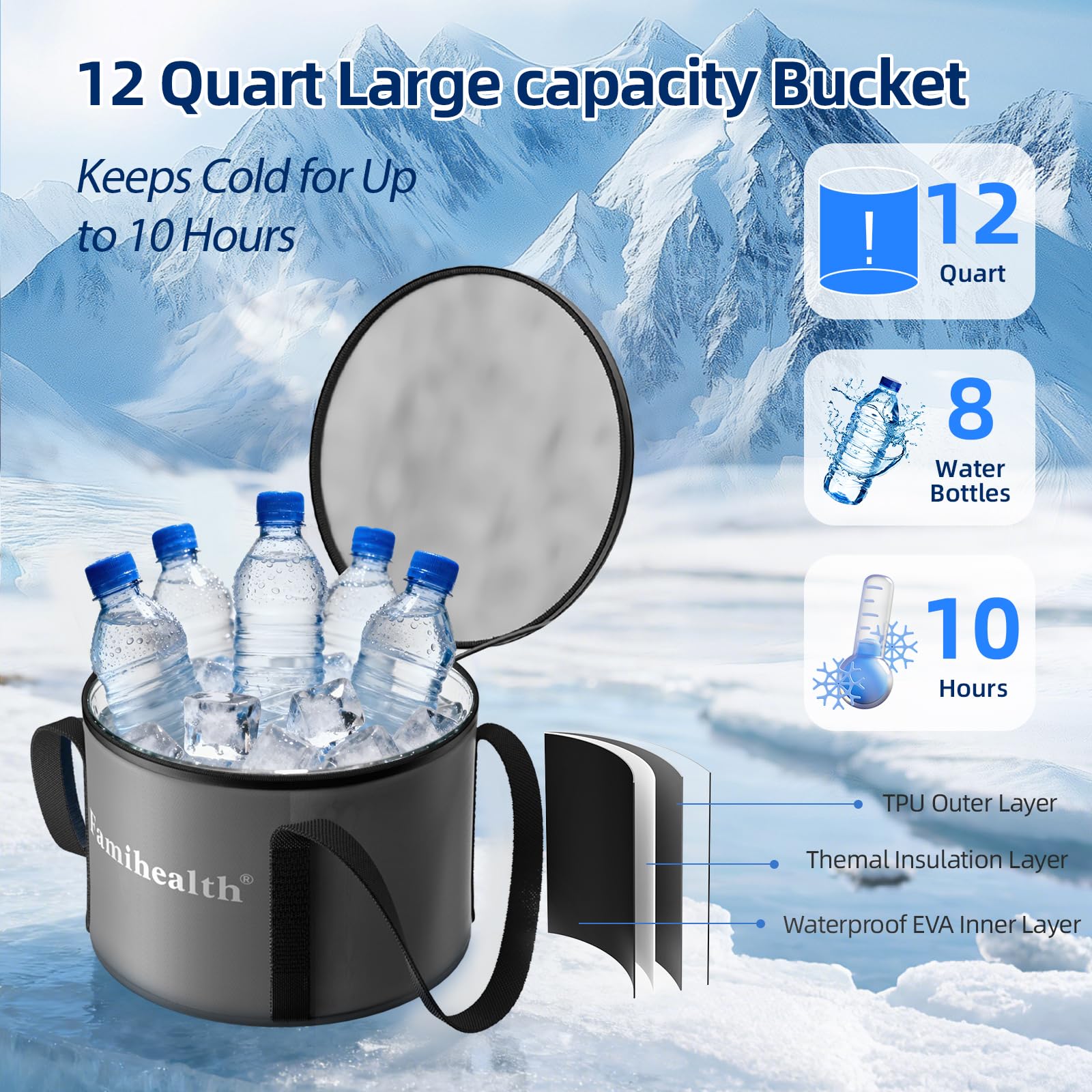 FamiHealth insulated body showcases long lasting cooling with 12 quart reservoir.