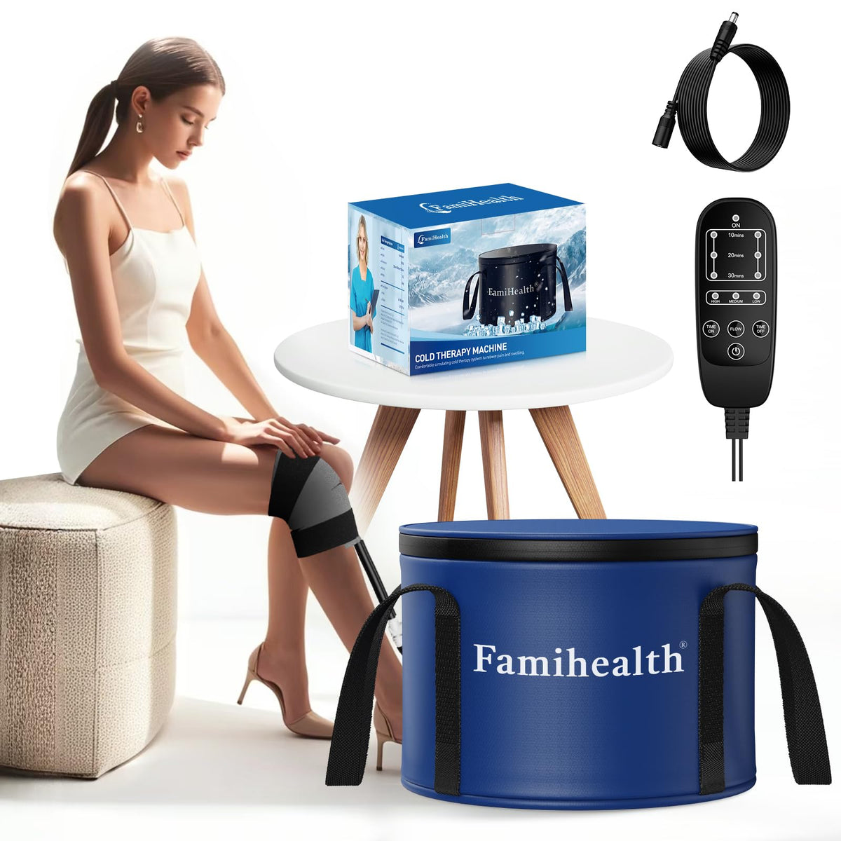FamiHealth knee cold therapy front view for post-op swelling relief.
