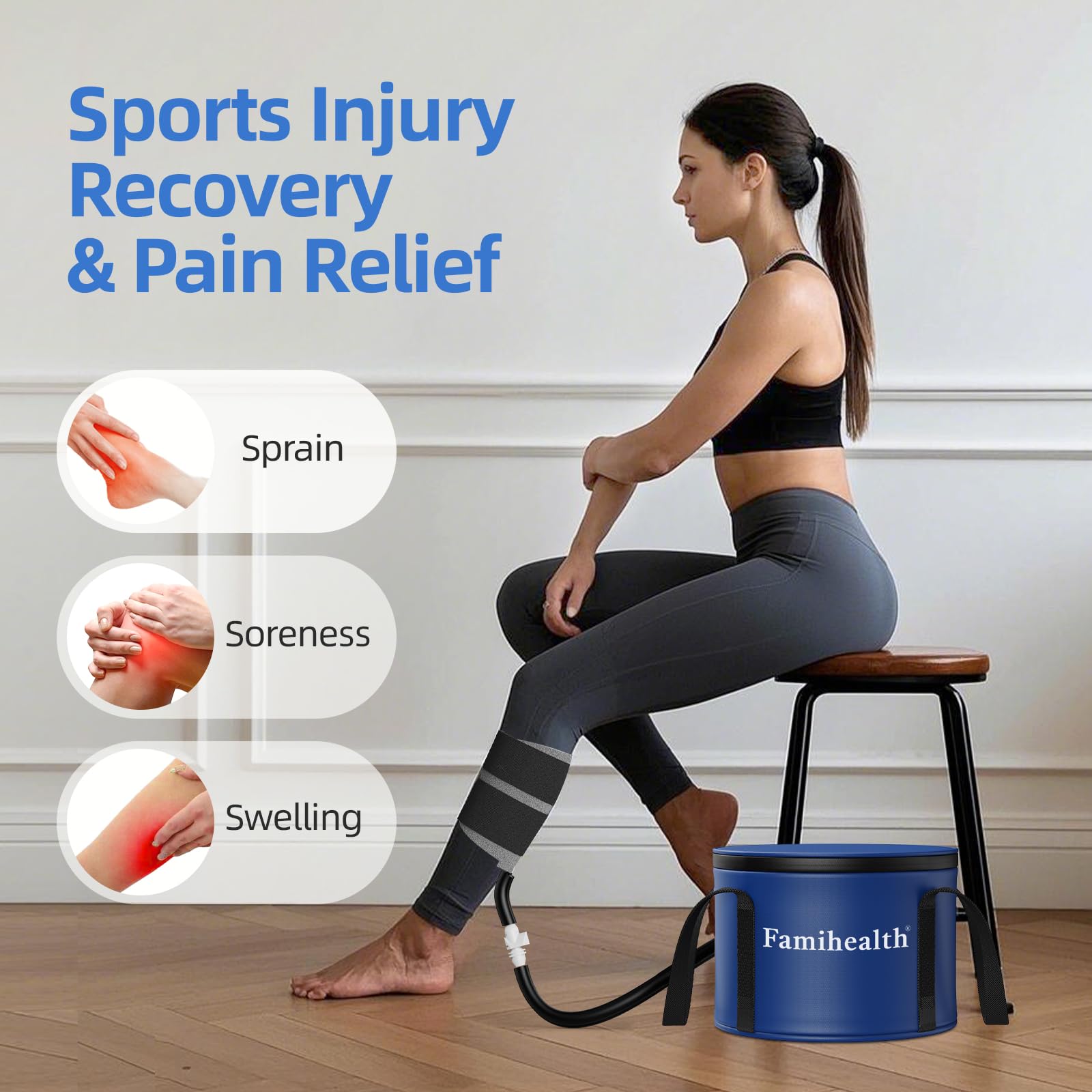 FamiHealth knee cold therapy side view demonstrates portable design for at-home recovery.