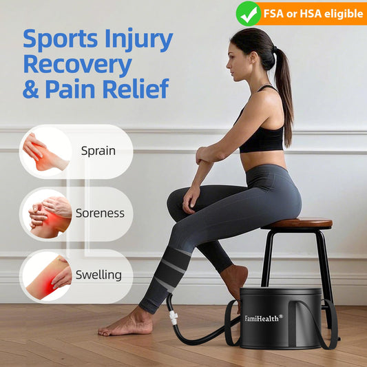 Knee pad assembly connected to the FamiHealth unit for targeted cooling